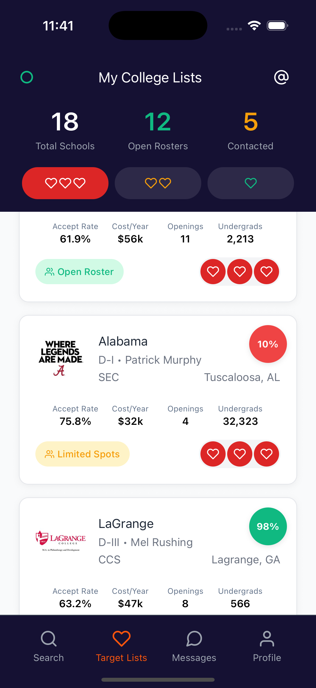 College Lists Screenshot